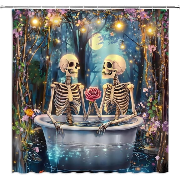 Gothic Skull Shower Curtain Halloween Day Funny Floral Forest Bathtub Skeleton Moon Night Flower Polyester Fabric Bathroom Curtain Sets Hooks-36"W x 72"L (Pack of 1)