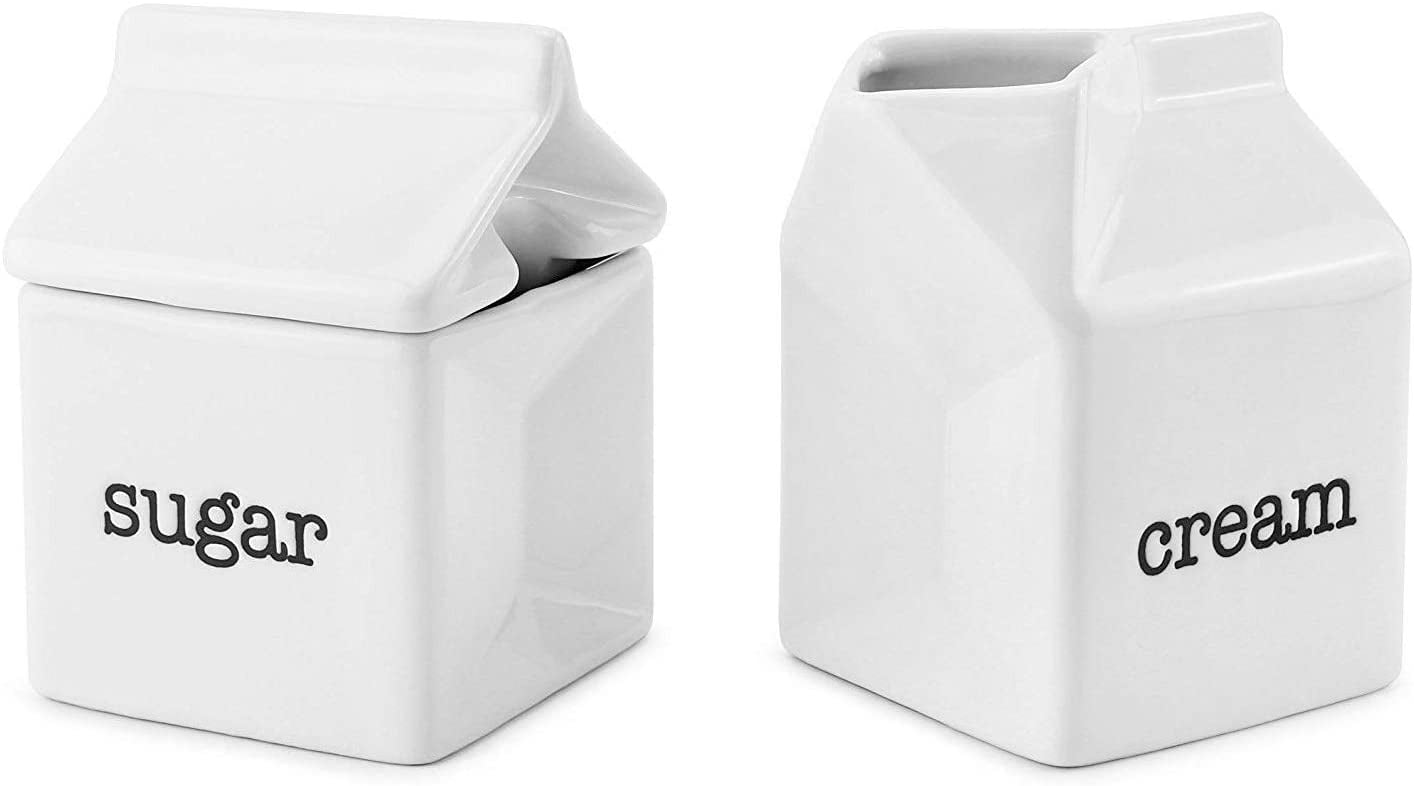 Darware Sugar and Creamer Set, Milk Carton Shaped White Ceramic Cream
