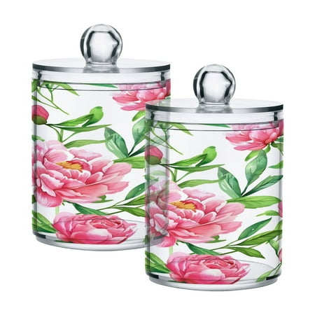 Ryvnso 2 Pack Qtip Holder Organizer Peony Flower and Leaves Bathroom Cotton Swabs Cans Storage Canister
