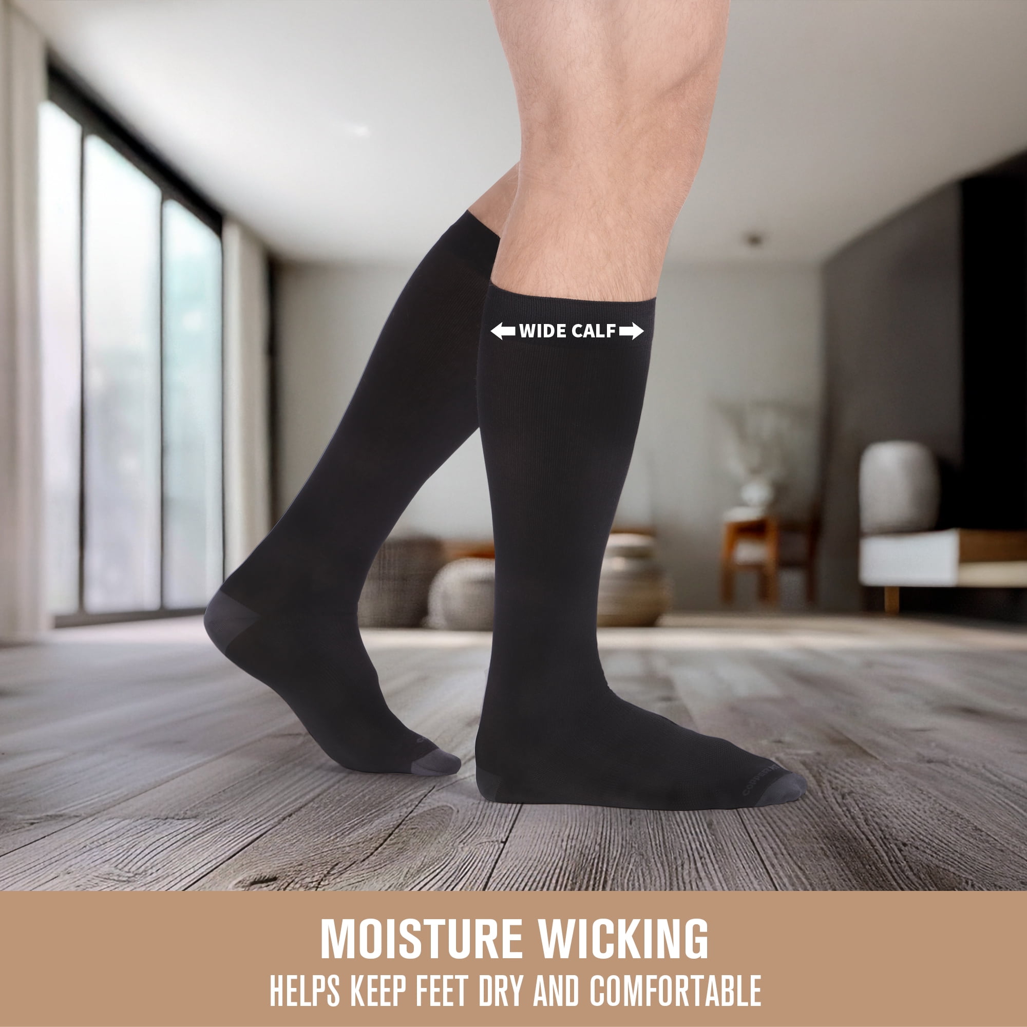 Copper Fit Compression Socks, Wide Calf, Silky-Soft, Hydrating, Unisex, Black, L/XL