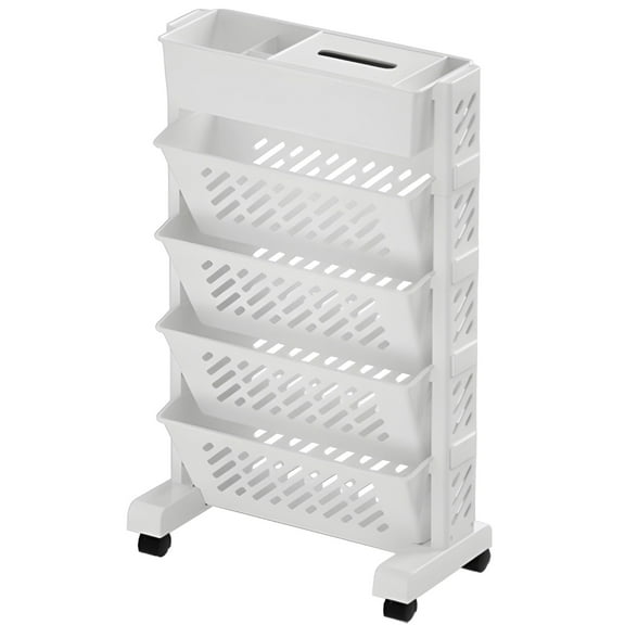 5 Tiers Rolling Book Shelf, Plastic Utility Cart with Wheels, Movable Tilt Bin Cart with Top Organizer, Narrow Vertical Storage Rack for Magazines, Folders, Books, Office Supplies
