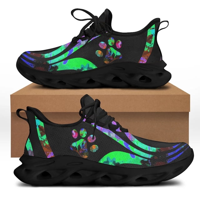 Zapatillas de deporte con estampado de huellas de perro, zapatos vulcanizados de moda a rayas creativos, cómodos zapatos planos de malla transpirable con cordones