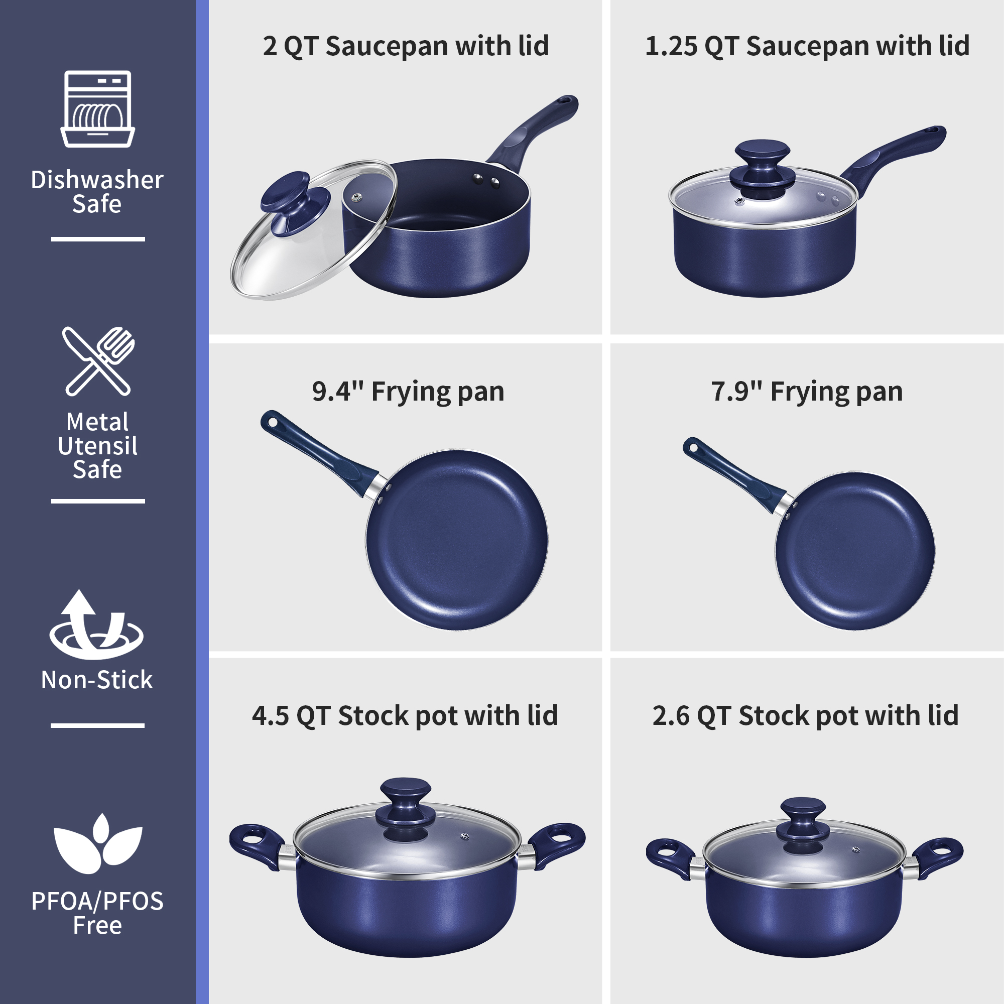 Scafild | 10-Piece Ceramic Nonstick Aluminum Cookware Set - Drill Blue