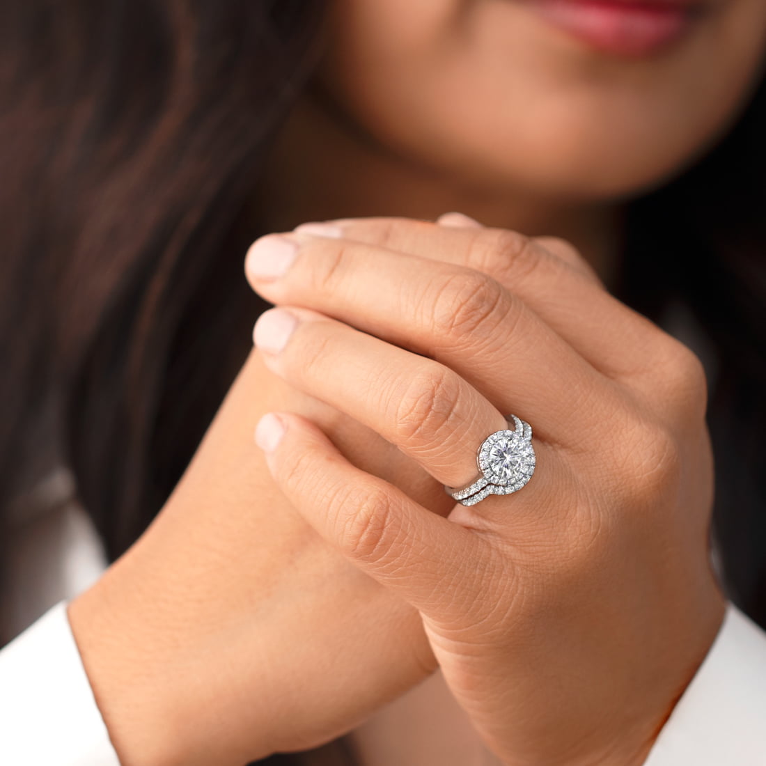 Three-Stone Round Diamond Halo Engagement Ring - Baribault Jewelers