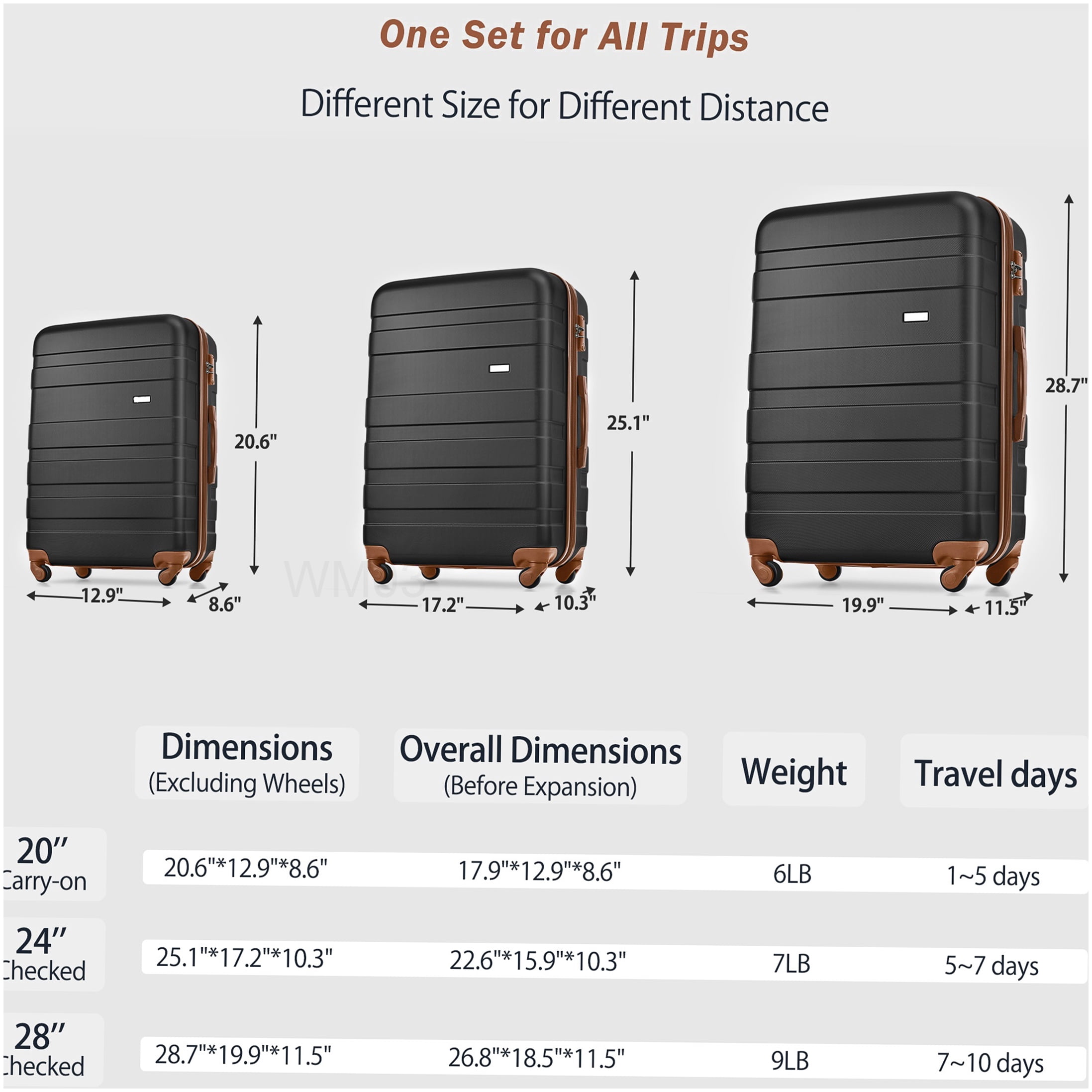 CHAMPFLAG Black 24 Inch Checked Luggage 3 Piece Set, Hardside Spinner with TSA Lock, Duffel &; Waterproof Toiletry Bag