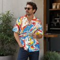 thumbnail image 5 of Retro Geometric & Aztec Print Short Sleeve Button Down Shirt for Men, Vintage Cuban Collar Casual Top - Breathable Cotton Linen Blend Summer Beach Vacation Tee with Chest Pocket Blue XXL, 5 of 9