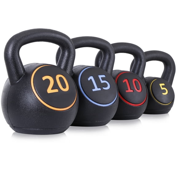 WoofPaw Kettlebell Sets 4 Piece Strength Training KettleBells Weight Set 5lb, 10lb, 15lb, 20lb HDPE Coated Concrete Kettle bell Core Training or Women & Men for Full Body Workout & Exercise Fitness