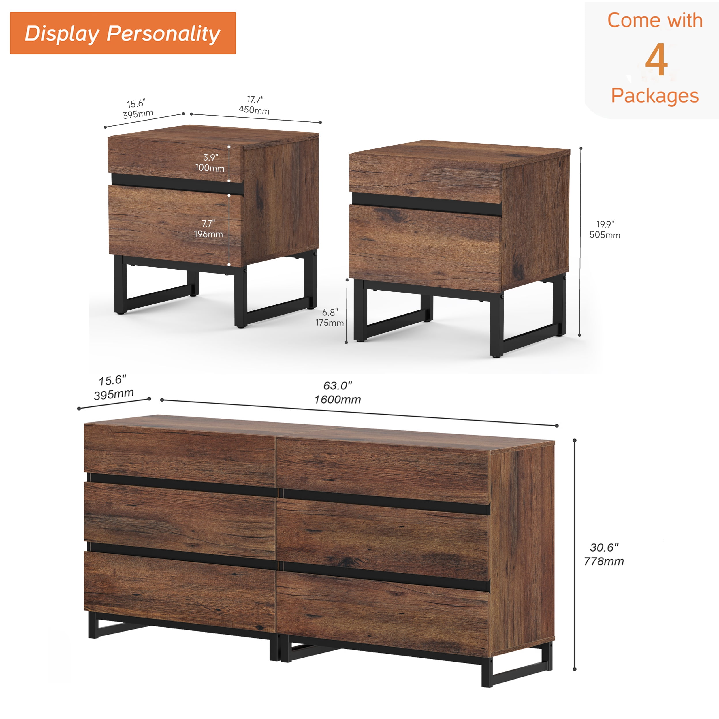 WAMPAT 3 Piece Bedroom Furniture Sets, 63 Inch Dresser and Chest with 6 Drawers,2 Nightstands with 2 Drawers Side Table for Bedroom,Brown