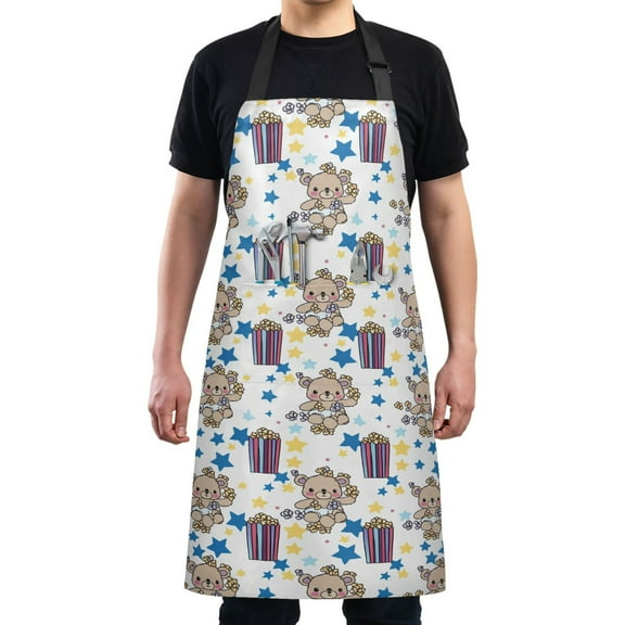 Kitchen Apron with 2 Pockets Adjustable waterproof Cooking Aprons for Women Men Chef Teddy Bear Popcorn Star