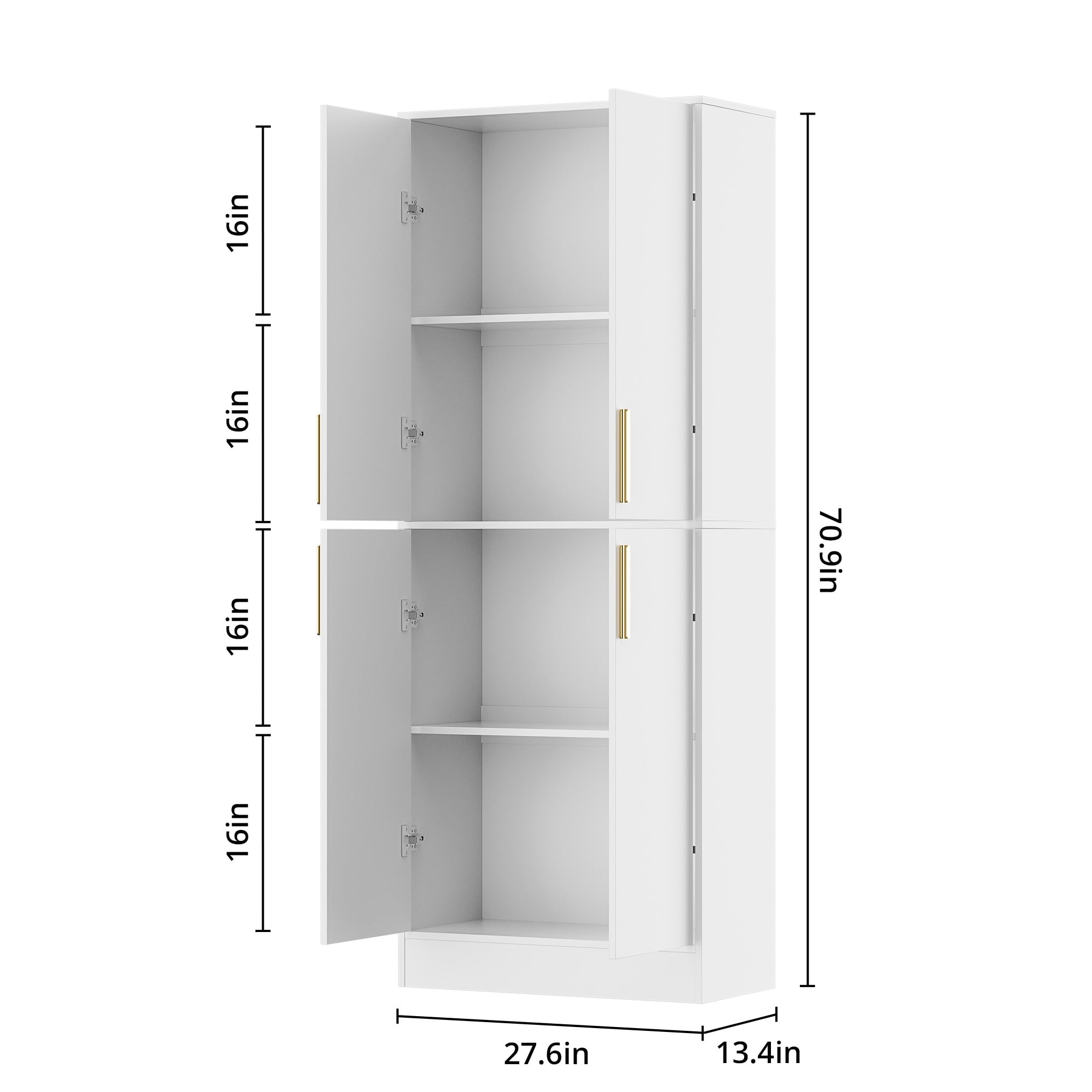 71" Tall Kitchen Pantry Storage Cabinet, Pantry Cabinet with 4 Doors, Freestanding Larder Cupboard, Kitchen Hutch with Gold Handles for Dining Room, Bathroom, White