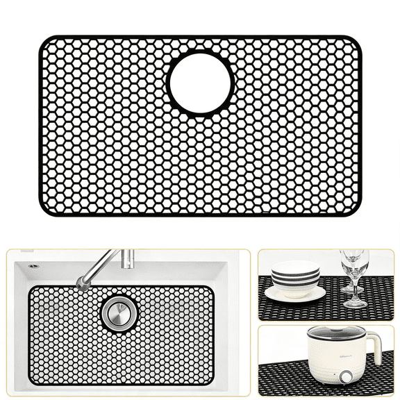 RLESO Silicone Sink Protectors for Kitchen Sink with Rear Drain - 26"X 14" Kitchen Protector Accessory,Non-Slip Heat Resistant Grid Mat for Bottom of Farmhous Stainless Steel (Rear Hole,Black)