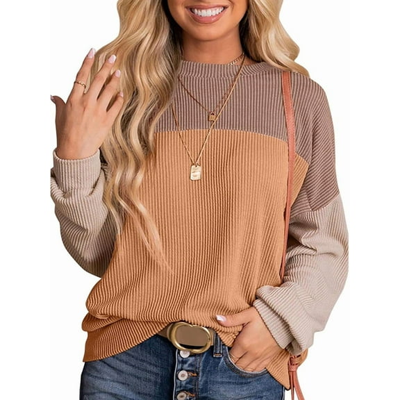 Womens Fashion Color Block Long Sleeve Crewneck Knitted Casual Loose Pullover Shirts Tops Khaki XL