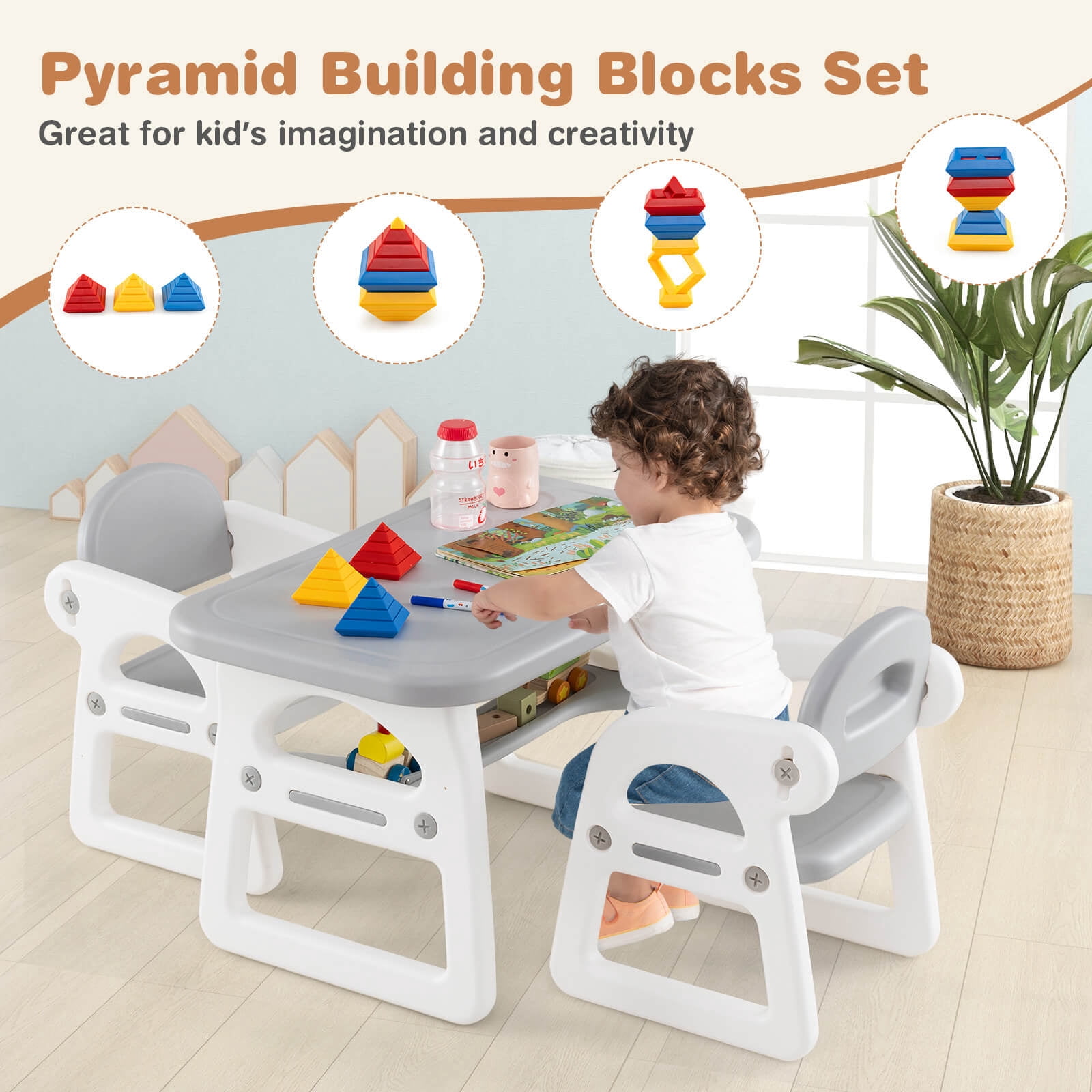 Infans 3-Piece Kids Table and Chair Set Toddler Activity Study Desk w/ Building Blocks