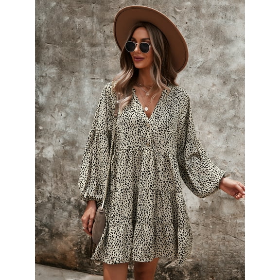 Drop Shoulder Button Down Detail Bishop Sleeve Cheetah Print Dress
