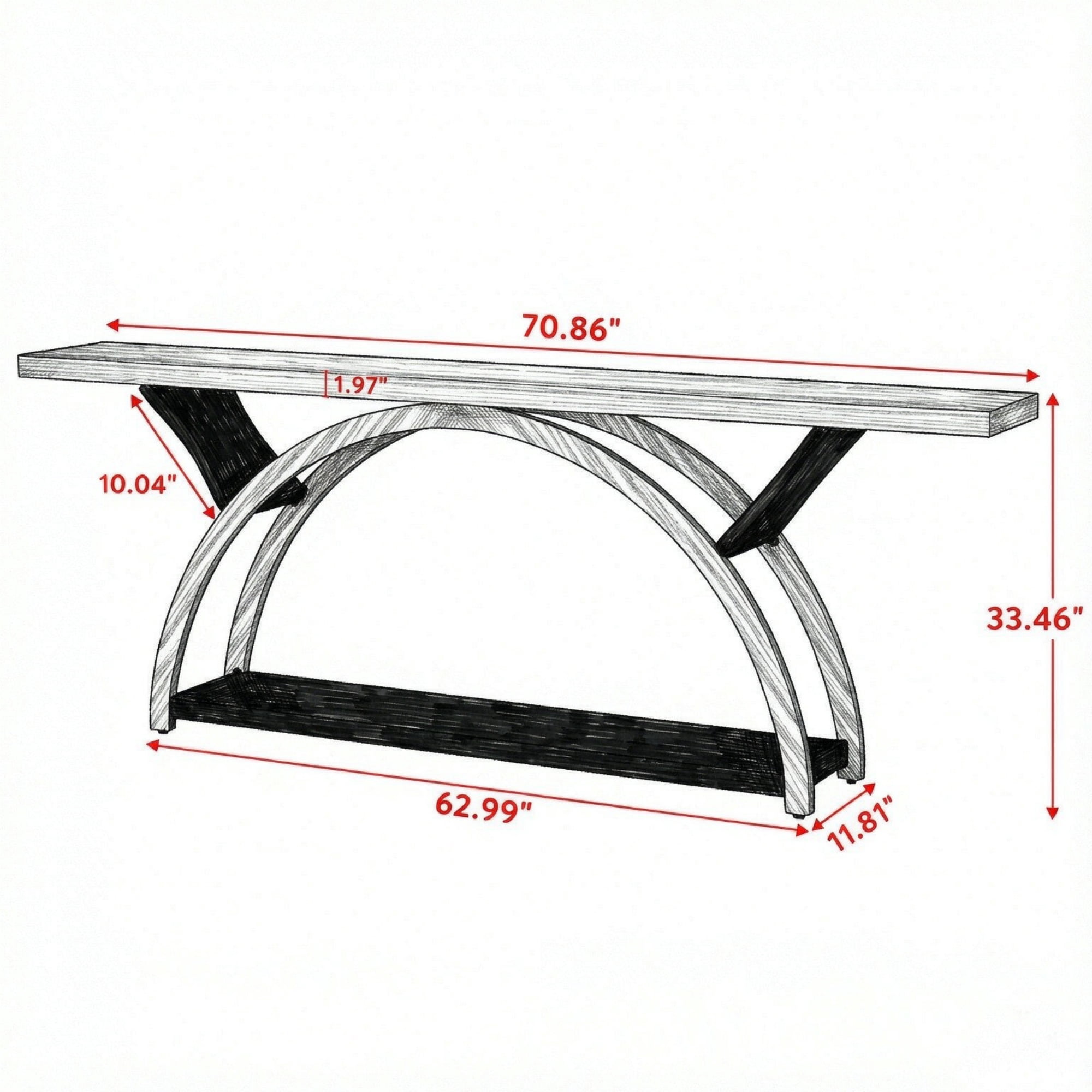 71 Inch Half Moon Console Table with 2 Tier Storage Shelves, Entryway Table