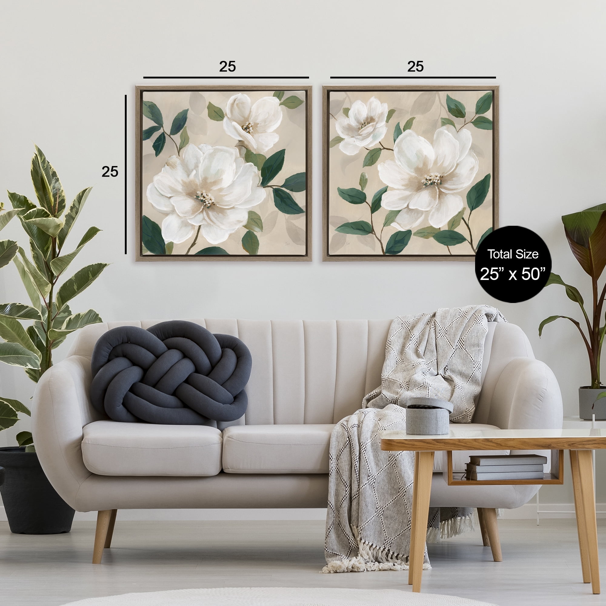 Stupell Industries Serene White Blossoms & Foliage 2 Piece Brown Framed Floater Canvas Set, design by Nan