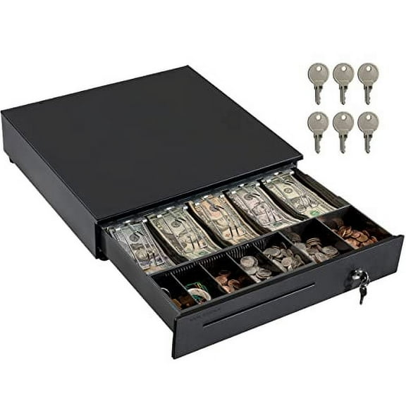 Volcora Cash Register Drawer for Point of Sale (POS) System, 5 Bill/7 Coin, 16" with Adjustable Coin Slots, 24V, RJ11/RJ12 Key-Lock, Media Slot, Black