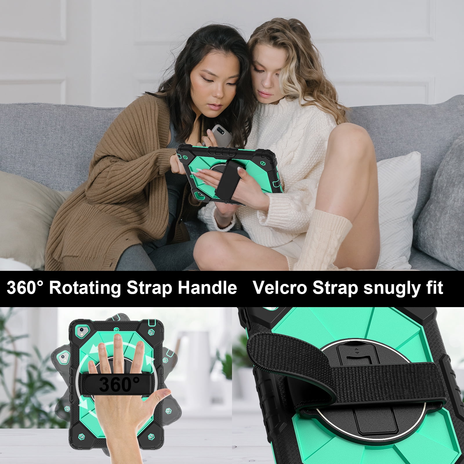 Shockproof Case for Apple iPad 6th 5th Generation 2018 2017 / iPad Air 2 9.7 Inch, Rotating Kickstand Pencil Holder Shoulder Strap Hand Strap Kids Friendly Bumper Cover, Mint