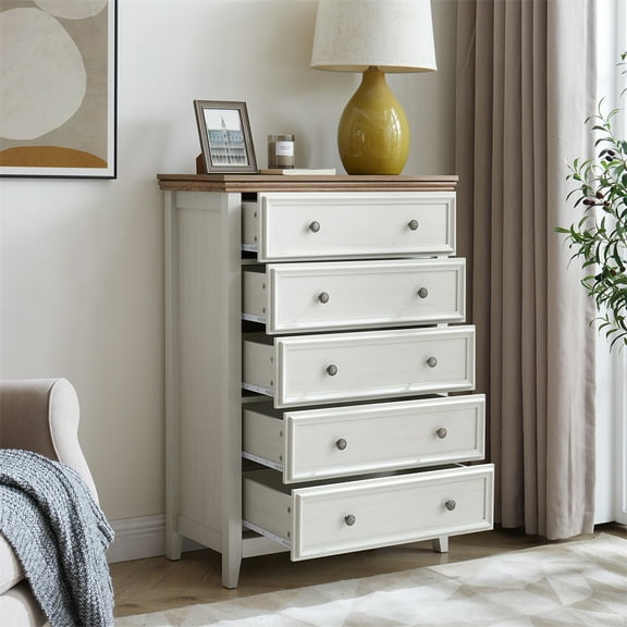 Knubmt 5 Drawers Dresser with Handle, Wood Closet Storage Cabinet Chest of Drawers for Living Room, Bedroom, Beige