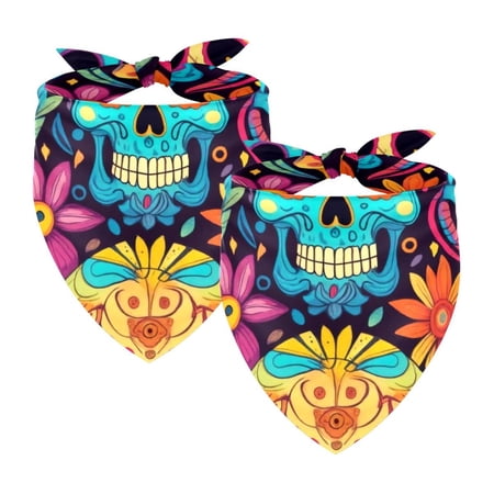 PhooArto Colorful Skulls Pattern Dog Bandanas 2 Pack Soft Washable Pet Scarf Triangle for Large Dogs Puppies and Cats