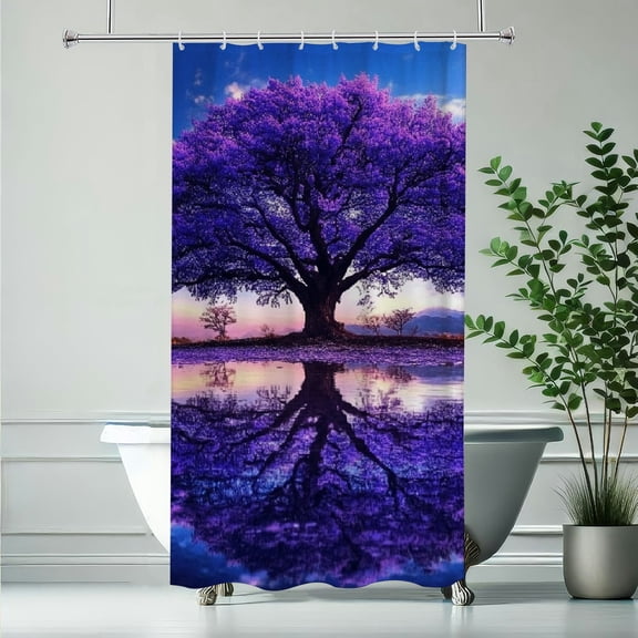 RKSupls Waterproof Shower Curtain, Purple Jacaranda Tree Reflection Polyester Shower Curtain with Hooks for Chic Elegant Home Bathtub Bathroom Decor Washable