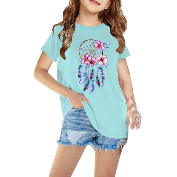 Nskgu Girls T Shirts Casual Short Sleeve T Shirts Crewneck Tunic Tops Kids Floral Printed Tee Blouses Cute Tee Tops Size 3-14 Years