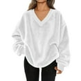 thumbnail image 3 of lcziwo Womens Sweatshirt Fuzzy Flannel Soft V Neck Pullover Solid Color Long Sleeve Tops with Pockets Fall Winter Clothes, White, S, 3 of 9