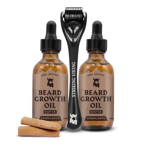 Striking Viking Beard Oil Set 2 Pack Sandalwood with Derma Roller Biotin Beard Care Kit for Men