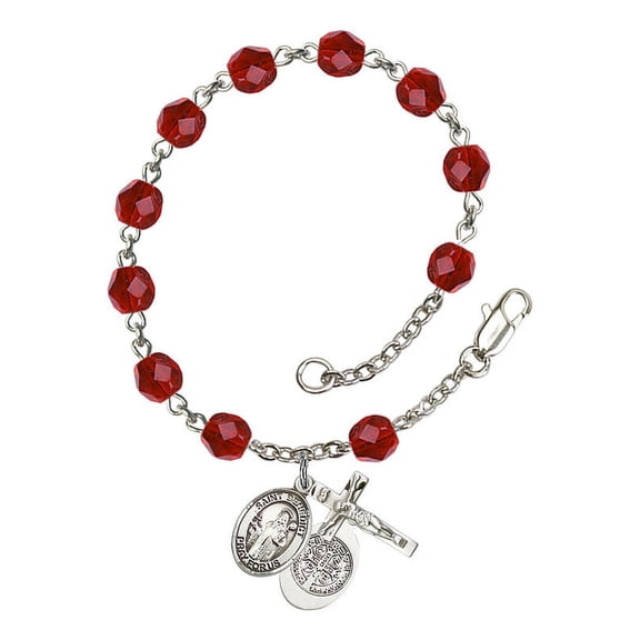 St. Benedict Silver Plate Rosary Bracelet 6mm July Red Fire Polished Beads Crucifix Size 5/8 x 1/4 medal charm