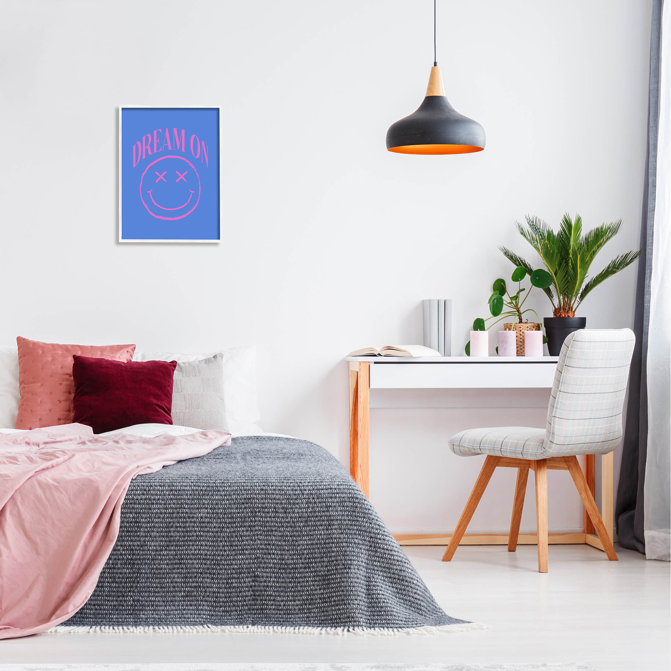 Dream On Smiley Face Phrase Typography Graphic Art White Framed Art Print Wall Art