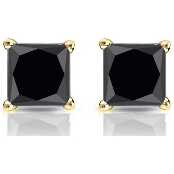 14K Yellow Gold 1 Ct Created Black Princess Sapphire Stud Earrings for Women Plated by Paris Jewelry