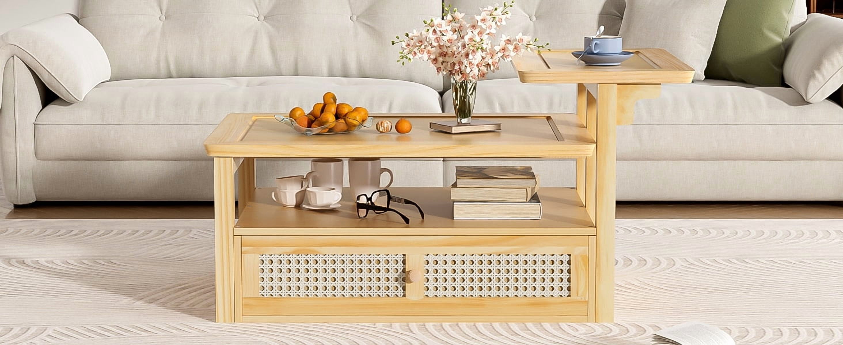 Euroco Multifunctional Coffee Table Set with Nested Design, Rattan Drawer, Pine Wood Legs – Stylish Storage and Dual Tabletops for Living Room