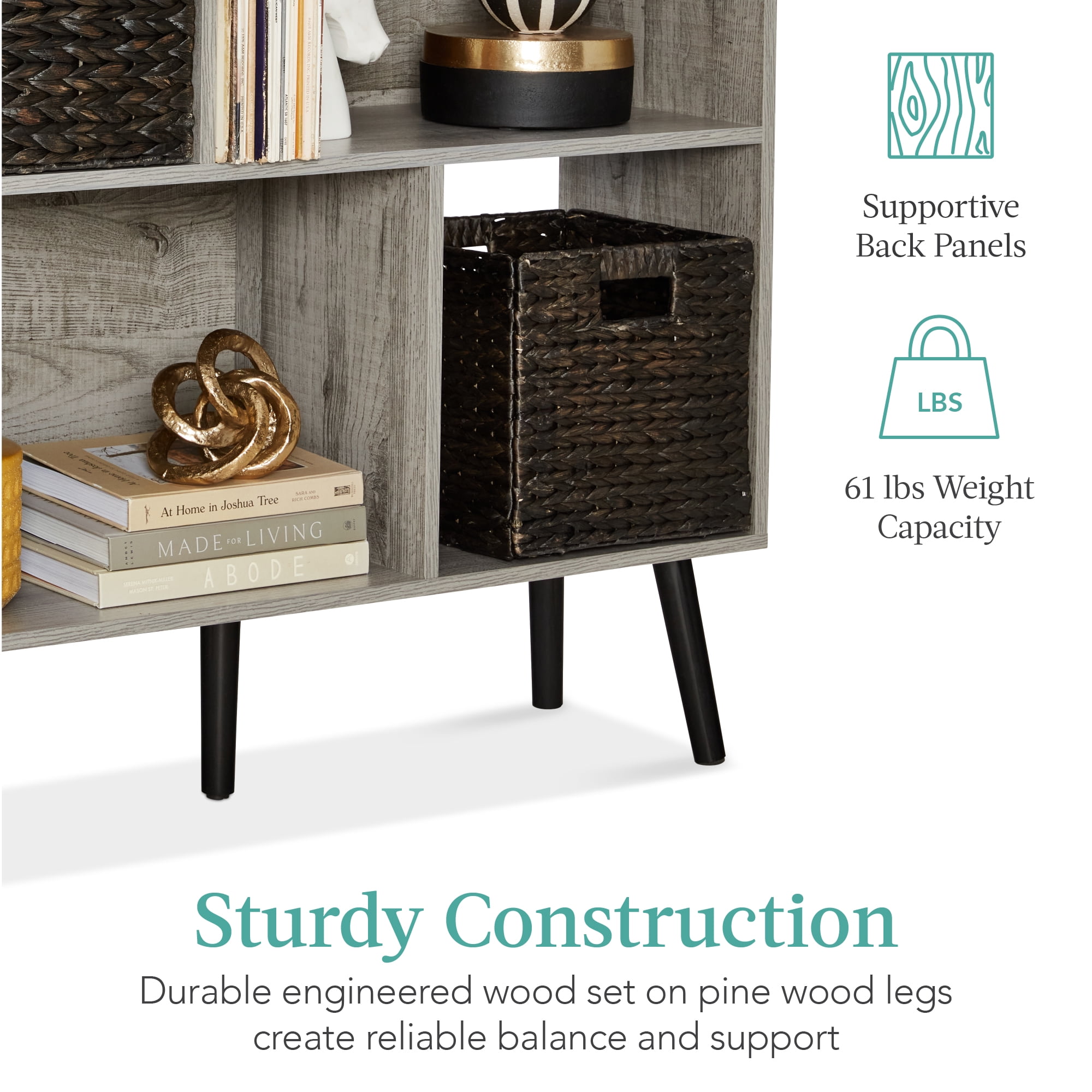 Best Choice Products 3-Tier Mid-Century Modern Wooden Bookcase w/ Removable Back Panels, Offset Pine Legs - Gray