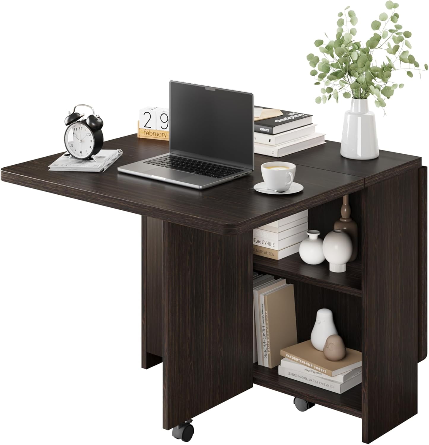 GAOMON Space-Saving Folding Dining Table with Drop Leaf, 6 Wheels & 2-Layer Storage Shelf, Versatile Table for Small Apartments, Dark Walnut
