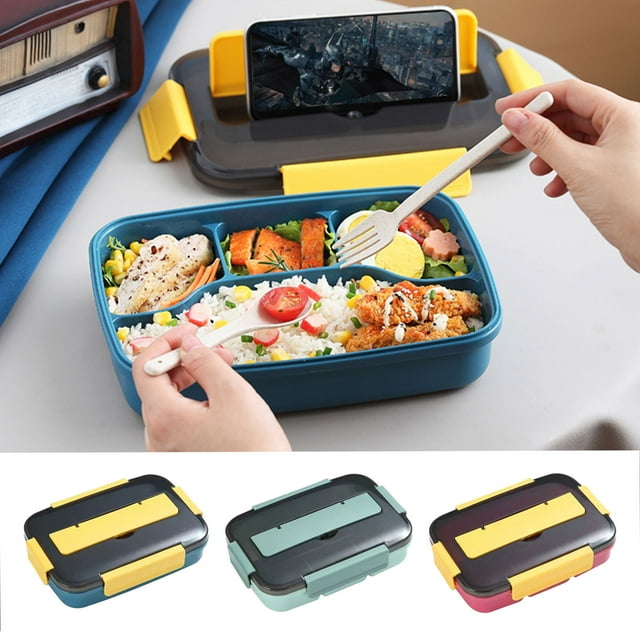 Lunch Box Plastic Compartment Lunch Box with Phone Stand and Cutlery Set Microwave-Safe Bento Box for Work School Travel(Blue,1-Piece) Rkxzt