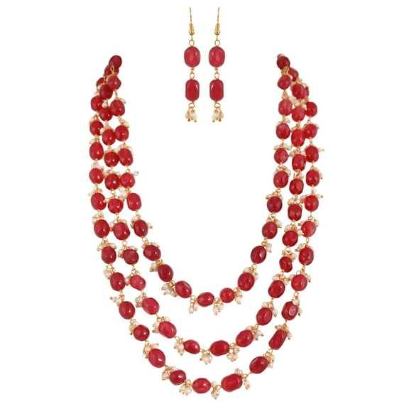 Ratnavali Jewels Red Quartz Golden Pearl Triple Layer Multi Strand Beads Stone Strand Fashion Necklace Women