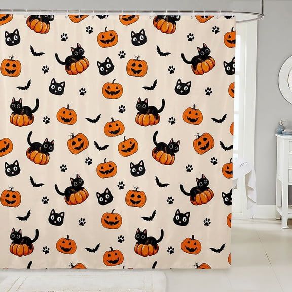 Manfei Spooky Print Halloween Shower Curtain 72Wx72L,Cartoon Black Cat Bathroom Curtain