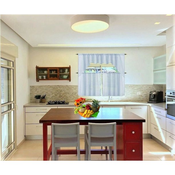 Cortina de cocina de 3 piezas, color blanco, de lujo, de gasa transparente con bolsillo para barra, filtrado de luz, paneles de 2 niveles y cenefa a juego para decoración de cocina y baño k66