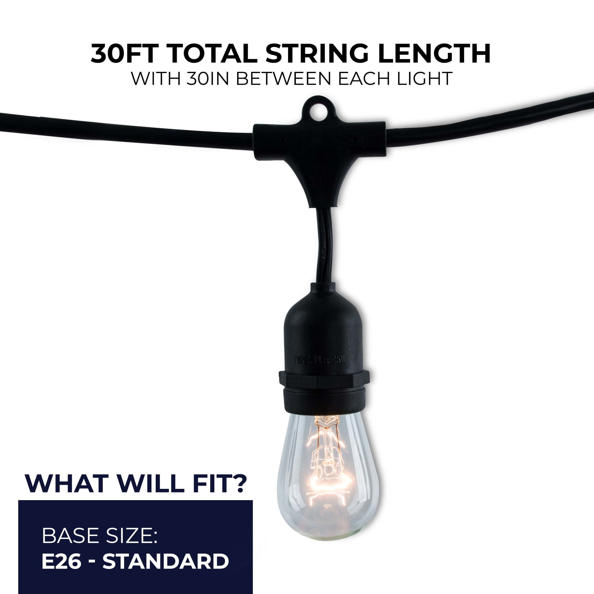 Bulbrite 812312 30 ft. String Light Kit with Clear Vintage Style S14 Incandescent Light Bulbs