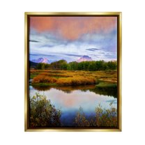 Stupell Industries Cloudy Pond Mountain Peaks Coastal Photography Gold Floater Framed Art Print Wall Art