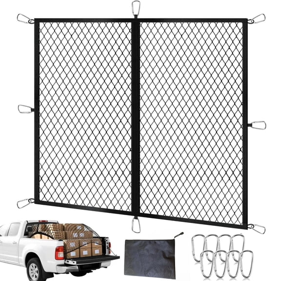 VFM Cargo Net for Pickup Truck Bed with a storage bag- Stretchable 4'x4' to 7'x7', High Elastic Fine Mesh 1''x1'' with 8 Metal Carabiners - Ideal for ATV, SUV, UTV, Truck and Boat Use