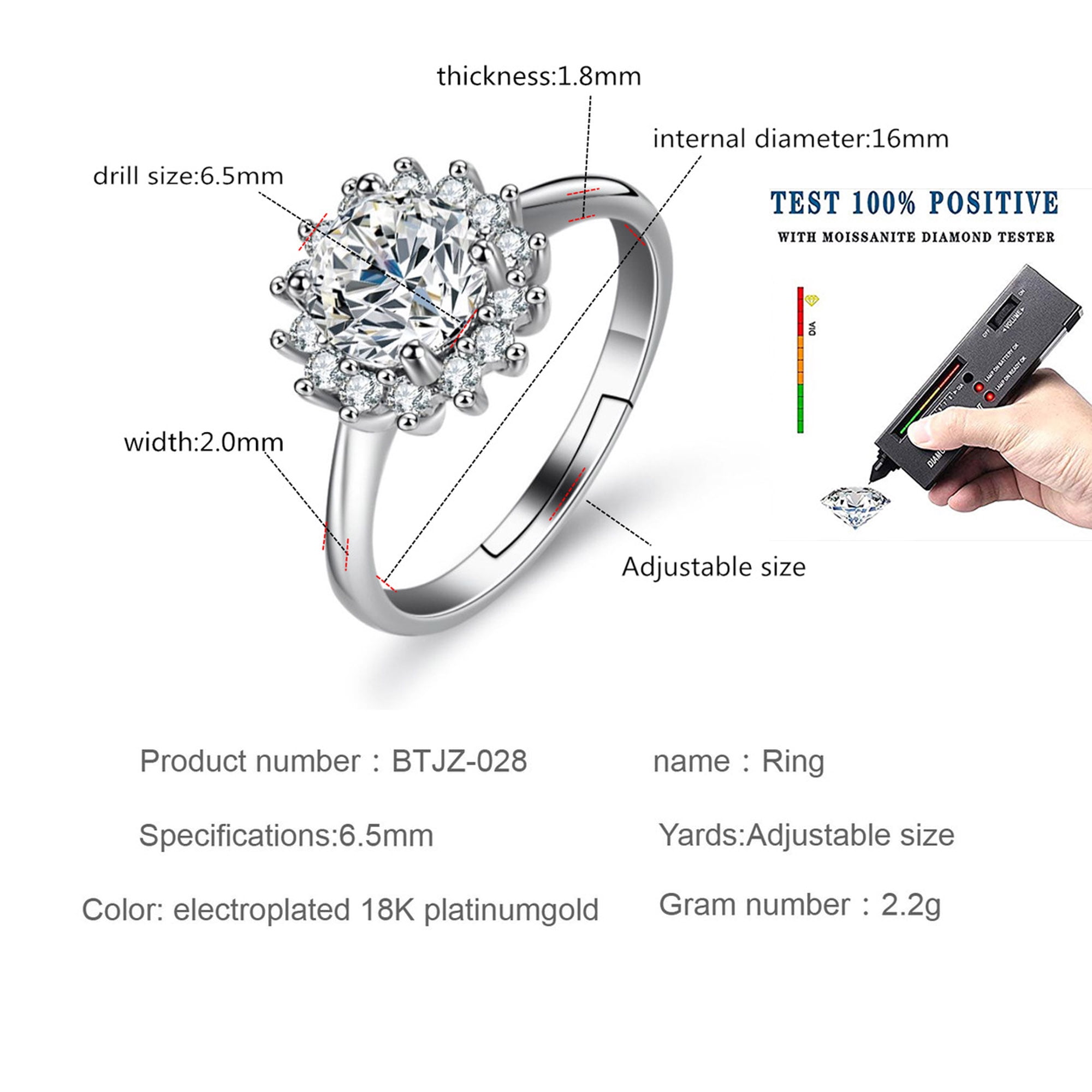 1 carat 6.5mm Moissanite Ring Shinning Flower Shape Engagement Rings White Gold Plated Silver Wedding Jewelry for Women with Adjustable Open