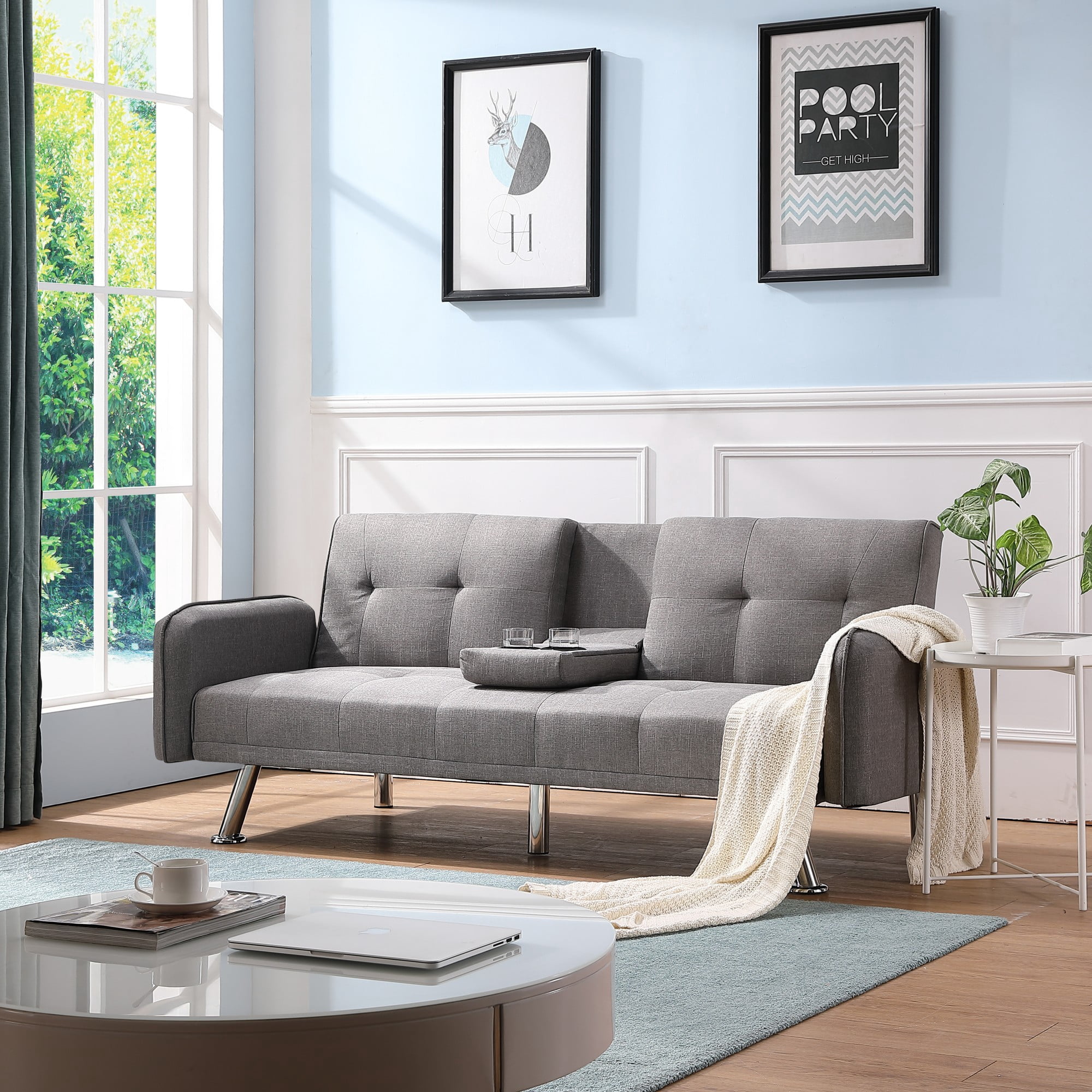 Gewnee 74.4” Futon Sofa Bed with 3-Angle Adjustable Backrest & Cup Holders,Twin Sleeper Sofa with for Home,Office,Guest Room(Light Grey）