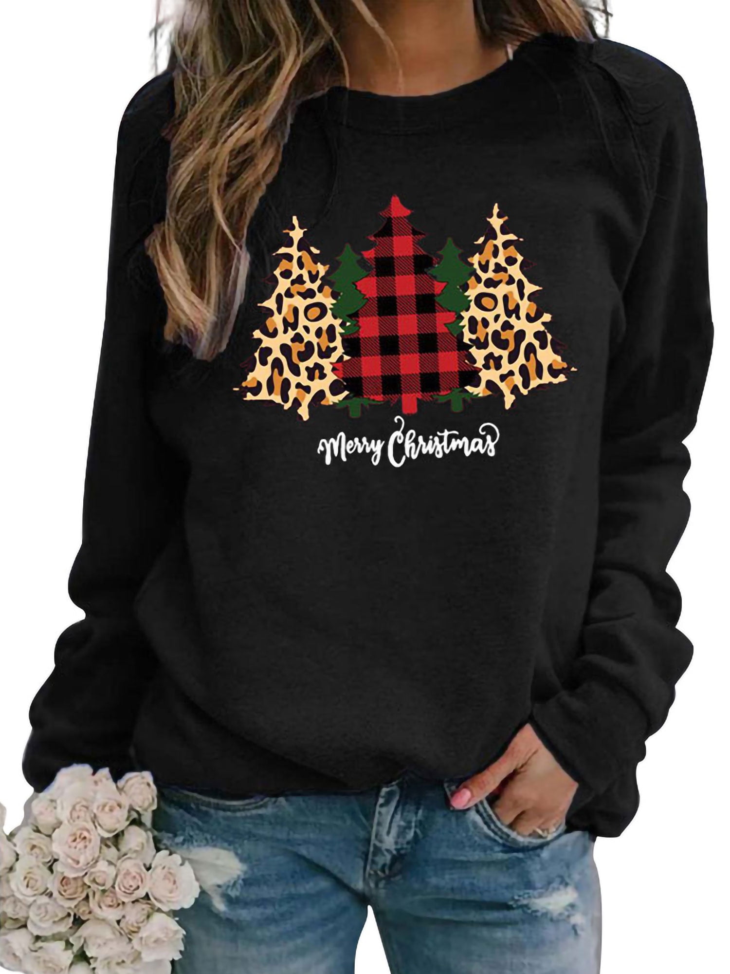 Gifts for Women Christmas Trees Christmas Sweatshirt Buffalo Plaid Shirt Leopard Printed Holiday Shirt,Merry Christmas Crewneck Sweater
