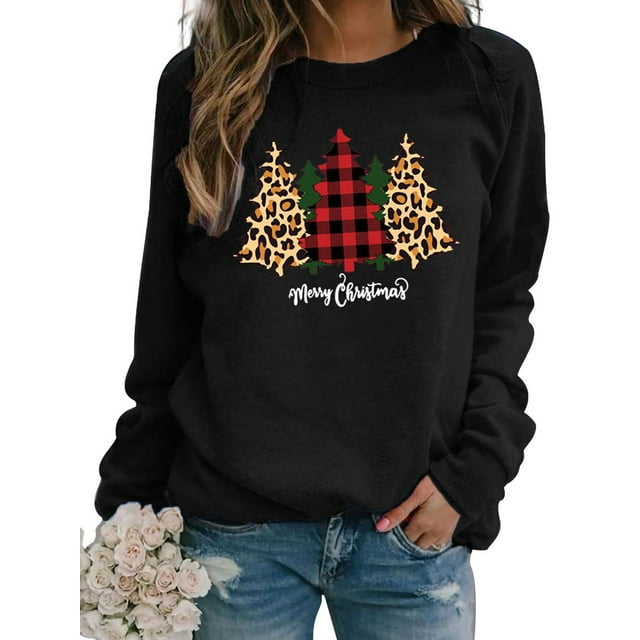 Christmas Tree Crew Neck Sweatshirt Pullover For Women Ladies Xmas Holiday Sweater T Shirt Top Winter Fall Spring