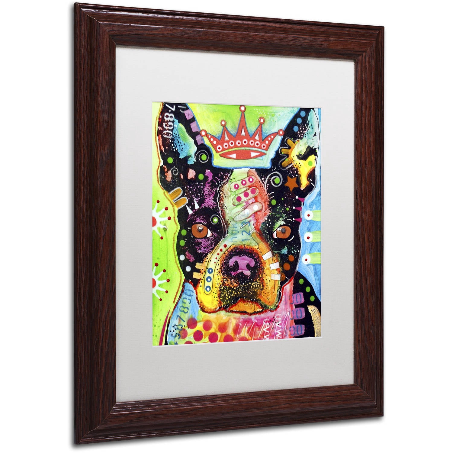 Trademark Fine Art "Boston Terrier Crowned" Canvas Art by Dean Russo, White Matte, Wood Frame