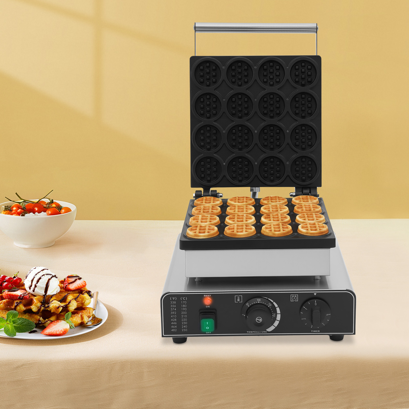 32*32*24cm 16 Grids Silver Commercial Waffle Maker Tabletop Round Electric Waffle Machine with Temperature Control