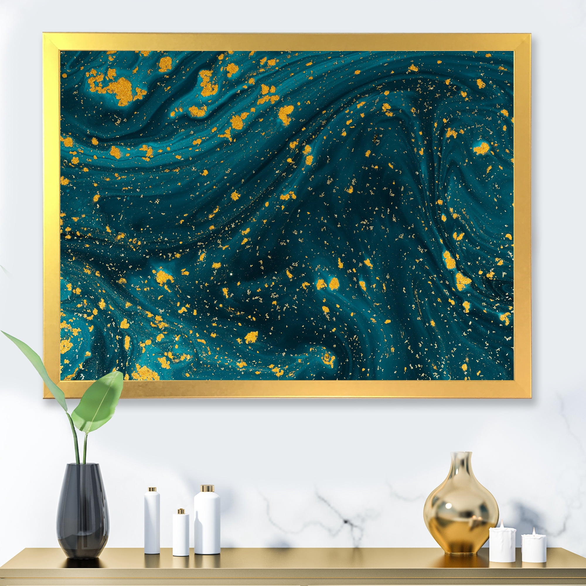 Designart 'Golden Glitter With Dark Blue Marble' Modern Framed Art Print