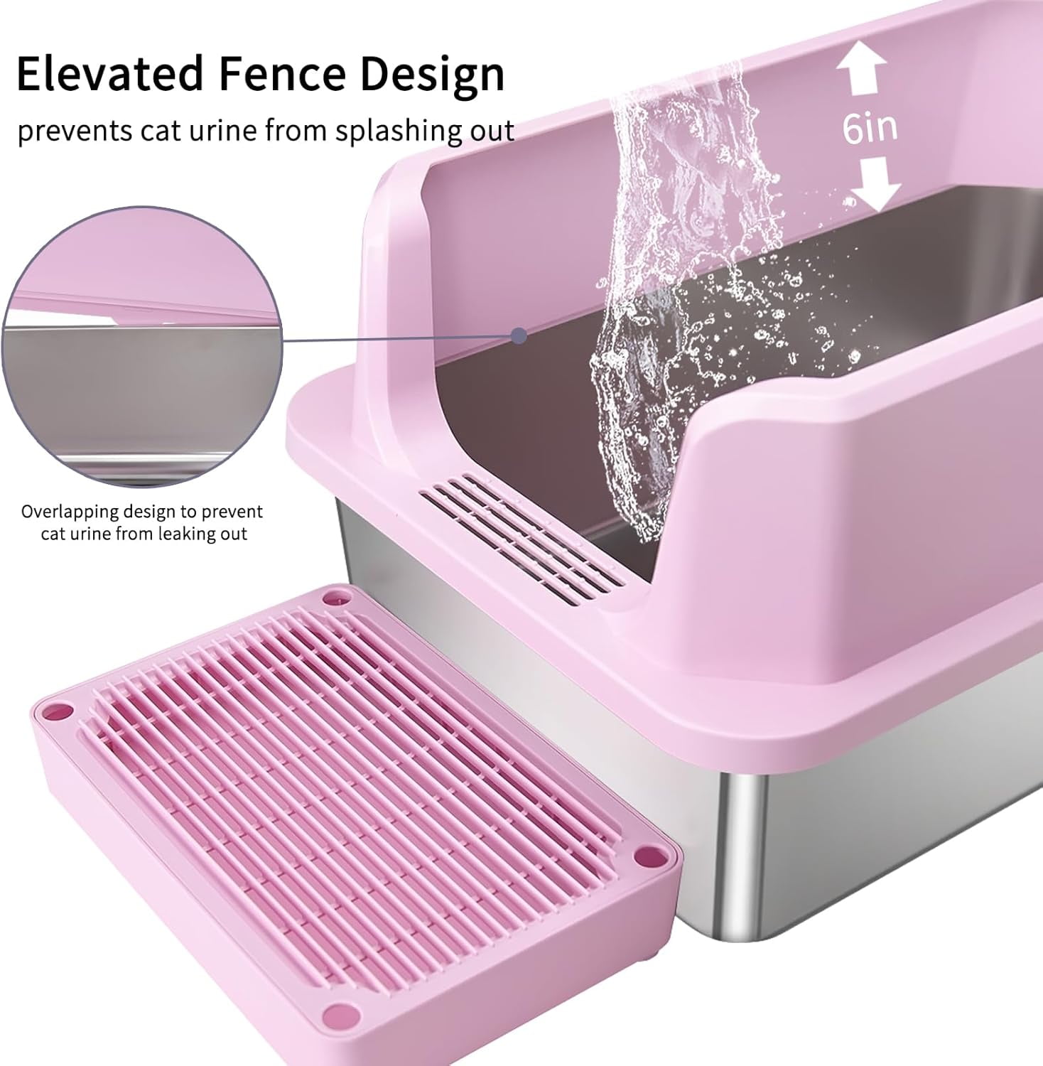 Stainless Steel Cat Litter Box, Semi-Enclosed Litter Box with Raised Edges, Anti-Leakage & Odorless, Large Litter Box for Small to Large Sized Cats (Dark Pink, 23.8" L*16" W*12" H)