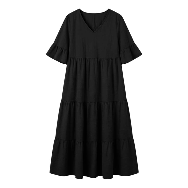 black swing maxi dress Black Polyester Maxi Dress with Printed Cape and V-Neck Swing Sleeve Black / M